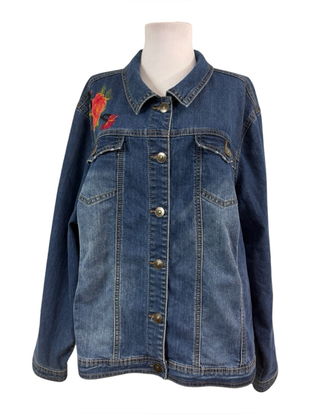Baccini Women's 3X Denim Jean Jacket Embroidered Floral Stretch Pockets Blue